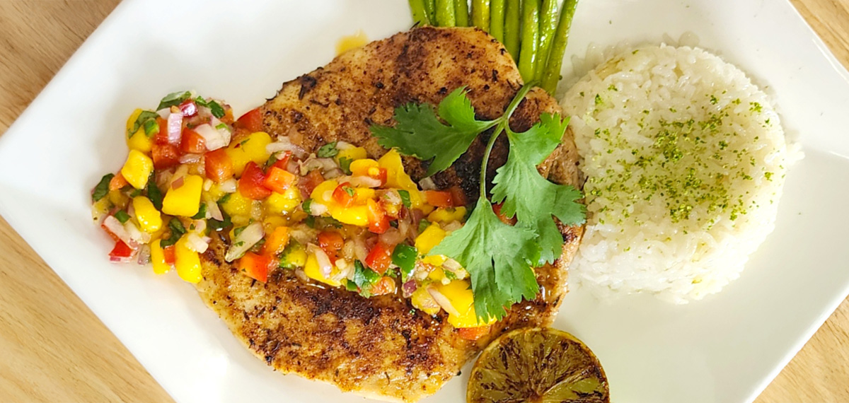 Grilled Jerk Chicken with Florida Mango Salsa, Coconut-Lime Rice and Sauteed Asparagus B