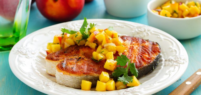 Grilled Salmon with Peach Salsa recipe by hale groves