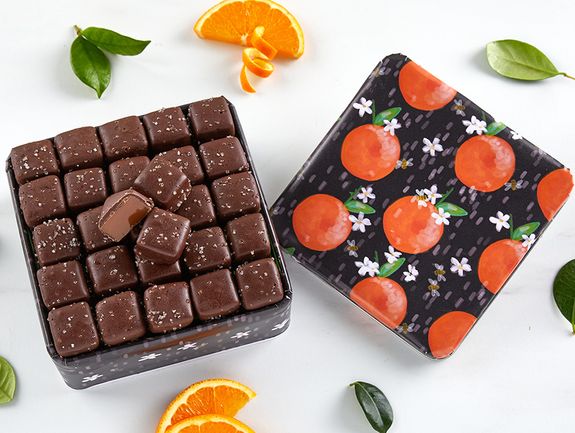 Dark Chocolate Sea Salt Caramels In Orange Delight Tin